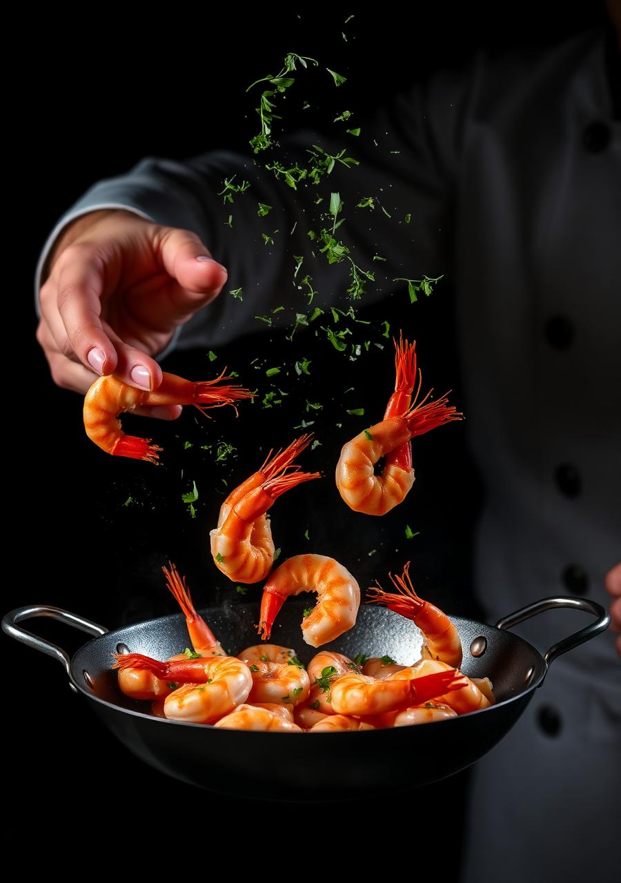 Chef tossing prawns